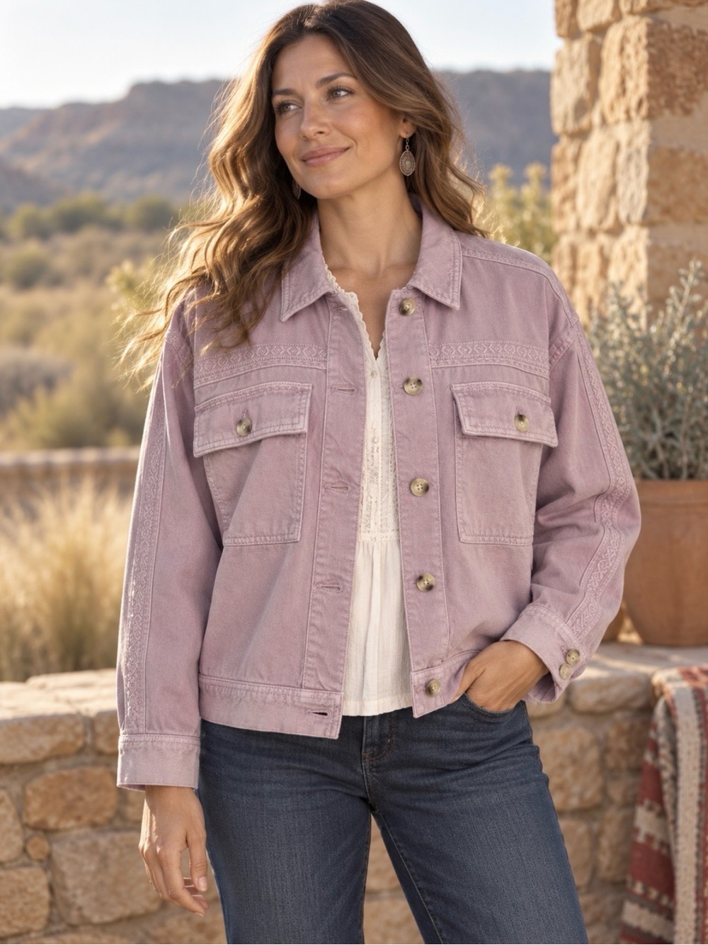 Sundance Women’s XL Dusty Rose Embroidered Denim Jacket Cotton Blend NWT